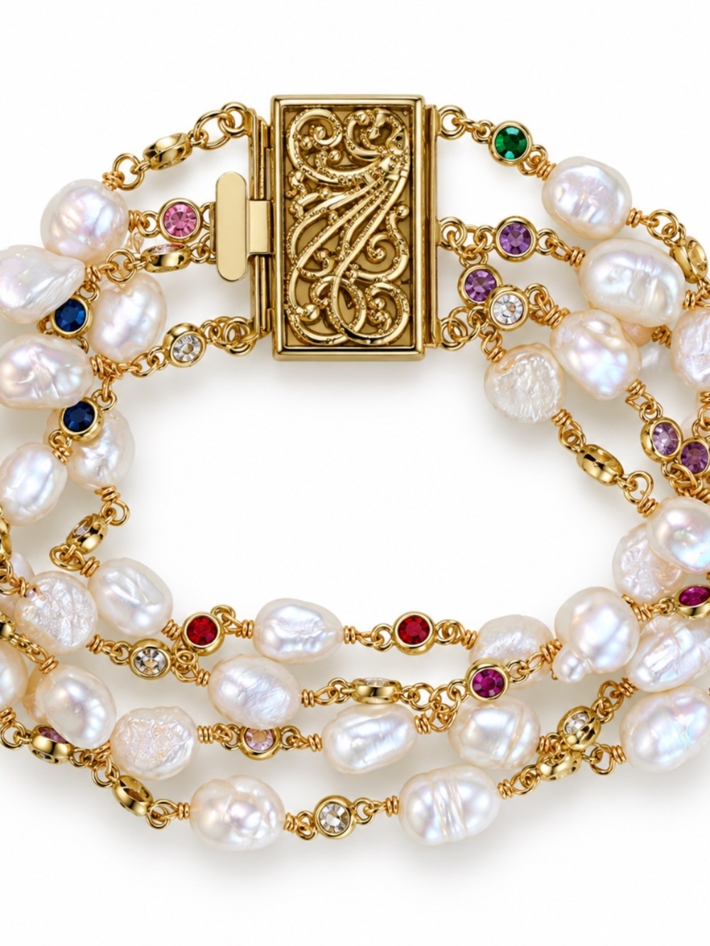 Freshwater Pearl Multistrand Bracelet with Colorful Crystal Accents